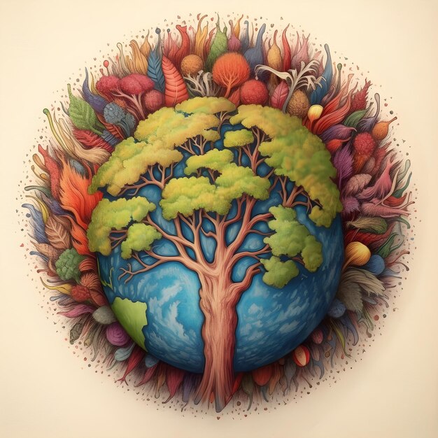 Un dessin d'un globe avec un arbre