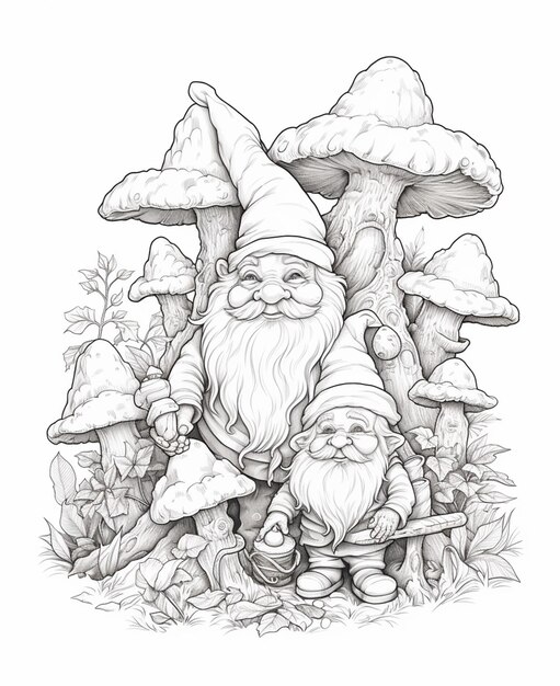 Photo un dessin d'un gnom avec des champignons et des champignins génératifs ai