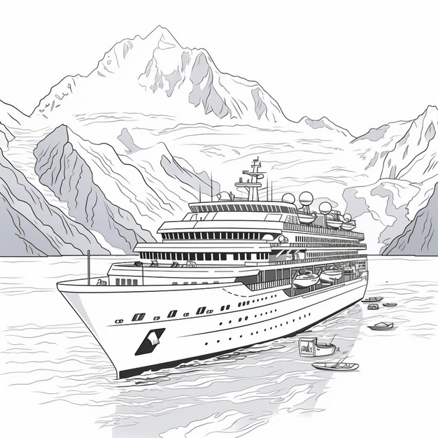 un dessin d'un grand bateau de croisière dans l'eau avec des montagnes en arrière-plan IA générative