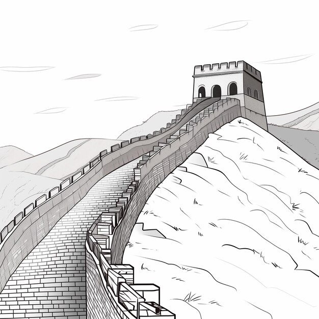 un dessin d'un grand mur de Chine avec un clocher génératif ai