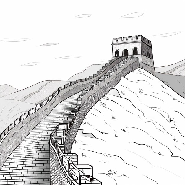 un dessin d'un grand mur de Chine avec un clocher génératif ai