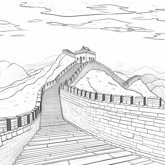 un dessin d'une grande muraille de Chine avec un fond de ciel génératif ai