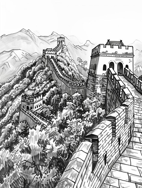 un dessin d'une grande muraille de Chine avec une montagne en arrière-plan