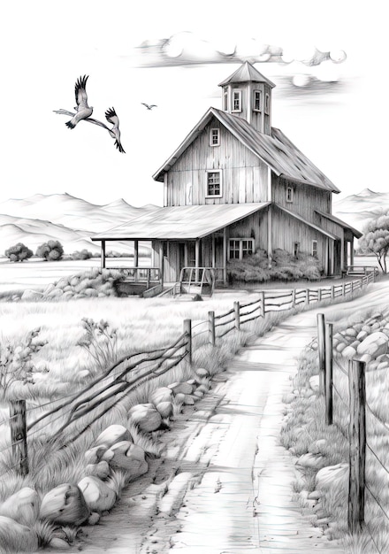 Photo un dessin d'une grange avec une grange et des oiseaux qui volent au-dessus.