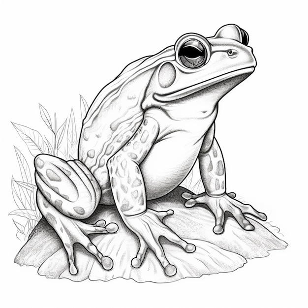 un dessin d'une grenouille assise sur un rocher avec des feuilles ai générative