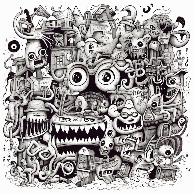 un dessin d'un groupe de monstres avec de nombreux visages IA générative