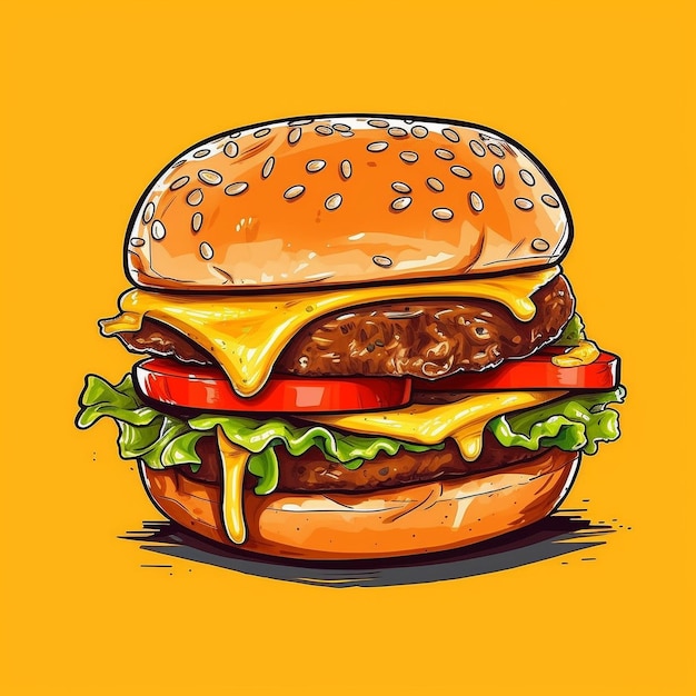 Un dessin d'un hamburger avec un fond jaune