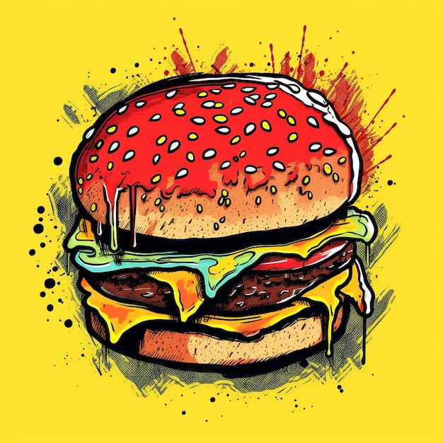 Un dessin d'un hamburger avec un fond jaune