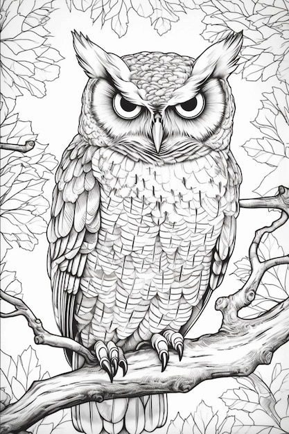 Photo un dessin d'un hibou assis sur une branche avec des feuilles génératives ai