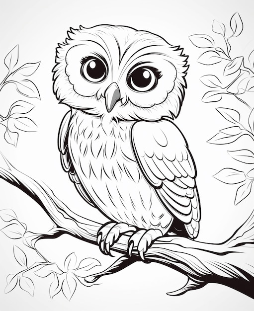 Un dessin d'un hibou assis sur une branche avec des feuilles génératives ai