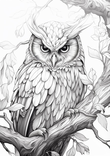 dessin d'un hibou assis sur une branche avec des feuilles génératives ai