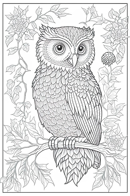 un dessin d'un hibou sur une branche avec des feuilles et des fleurs