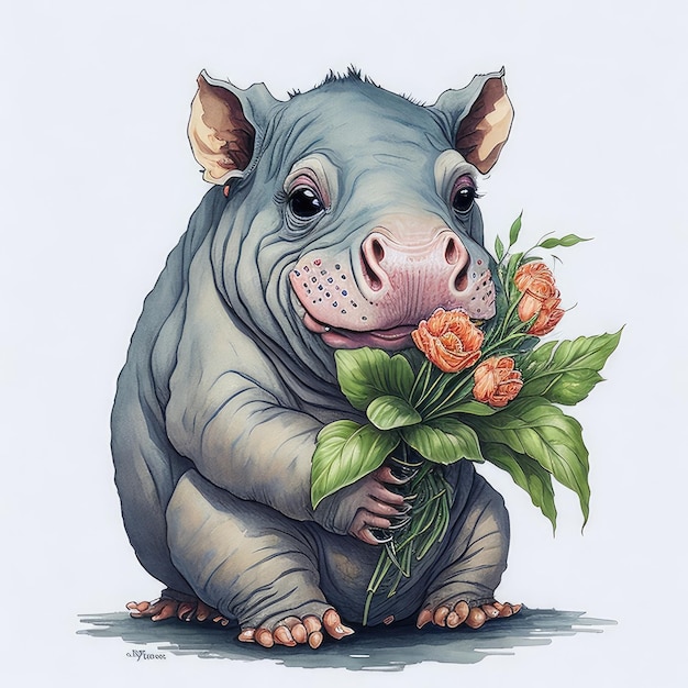 Un dessin d'un hippopotame tenant des fleurs dans ses pattes.