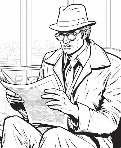 Photo un dessin d'un homme avec un chapeau et des lunettes lisant un journal ai génératif