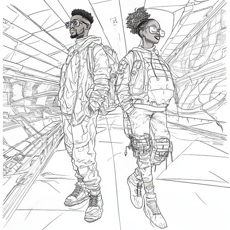 Photo dessin d'un homme et d'une femme afro-américains dans le métro.