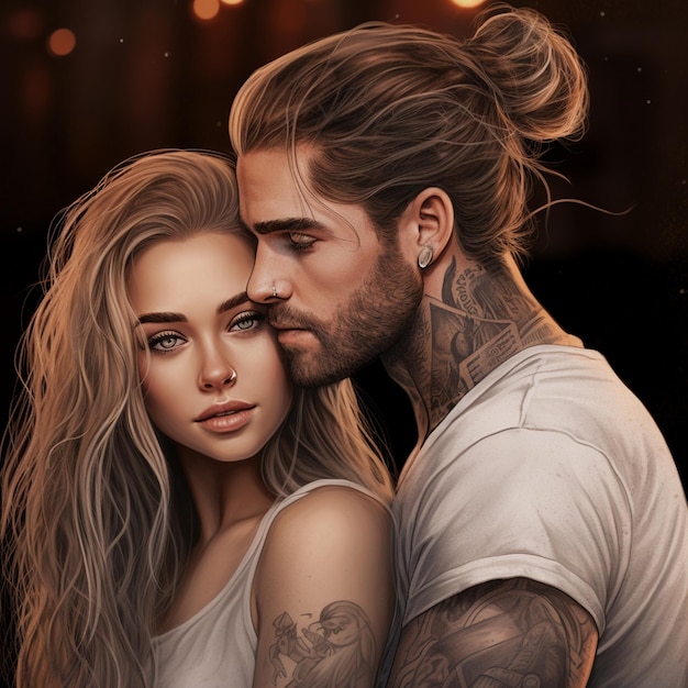 un dessin d'un homme et d'une femme aux cheveux longs.