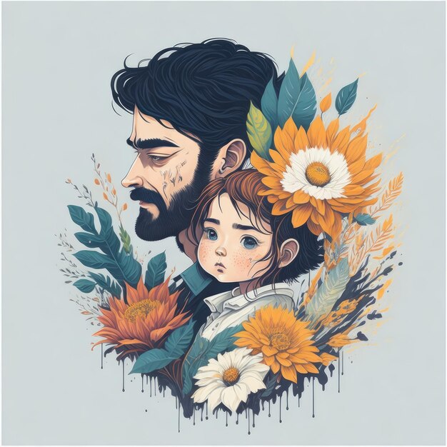 Un dessin d'un homme et d'une fille avec des fleurs sur la tête.