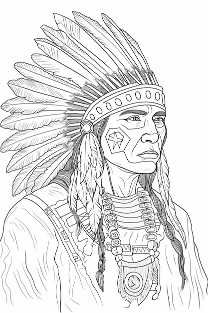un dessin d'un homme indien amérindien avec des plumes sur sa tête