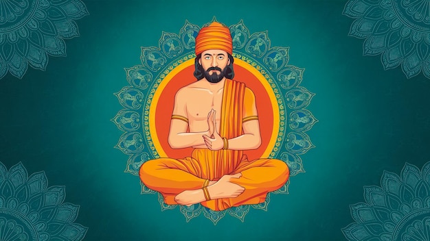 un dessin d'un homme en orange assis sur un fond bleu