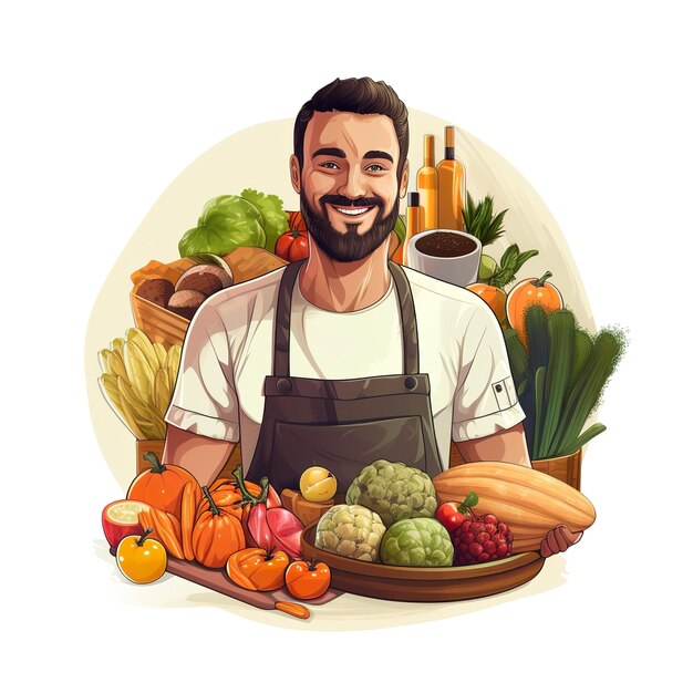 Photo un dessin d'un homme avec un panier de légumes et un signe disant homme heureux