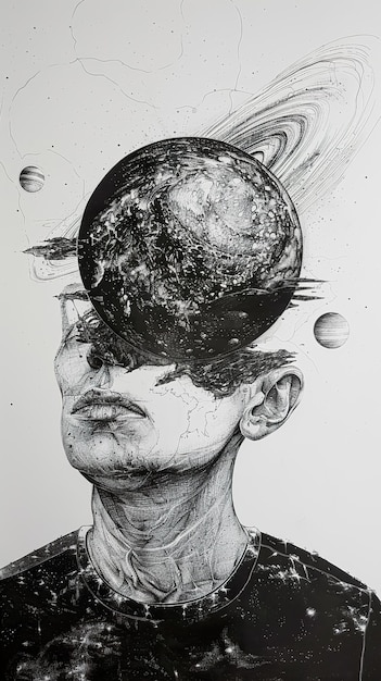 un dessin d'un homme avec la planète sur la tête
