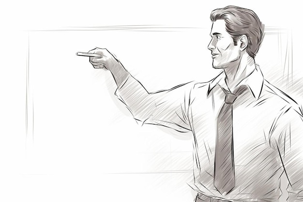 un dessin d'un homme pointant vers un panneau qui dit que l'homme pointe