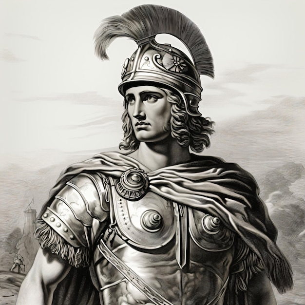 un dessin d'un homme portant un casque et une armure