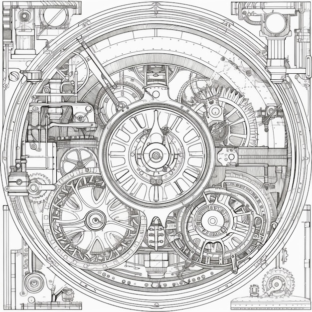 Un dessin d'une horloge avec des engrenages et un visage d'horloge génératif ai