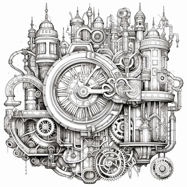 Un dessin d'une horloge entourée d'engrenages et d'autres choses génératives