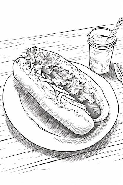 dessin d'un hot-dog sur une assiette avec une boisson et une fourchette