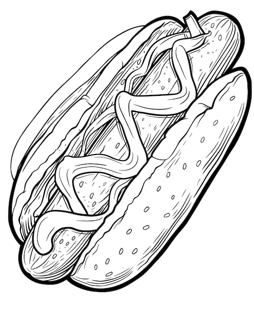 un dessin d'un hot-dog avec de la moutarde et du ketchup