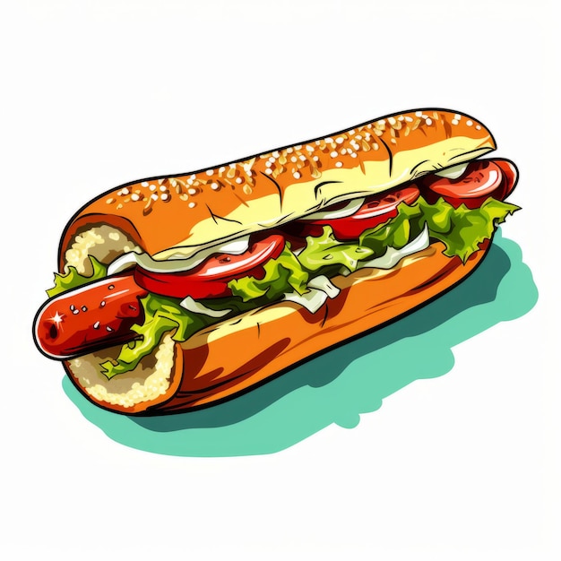 Un dessin d'un hot dog avec de la moutarde et du ketchup