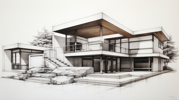Un dessin hyperréaliste à crayon d'une maison contemporaine du milieu du siècle