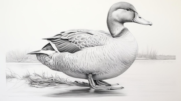 Dessin hyperréaliste réaliste d'un canard au bord de l'eau