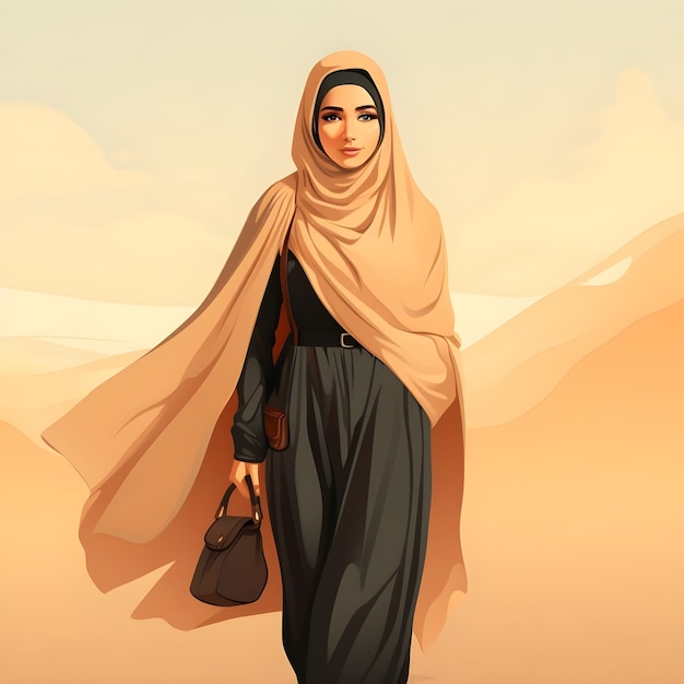 Dessin d'illustration d'une dame arabe dans le style de vie arabe dans l'art vectoriel plat minimaliste