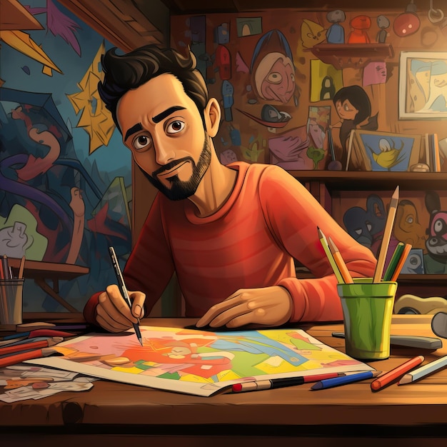 Photo dessin d'illustration d'un homme avec un crayon dessinant et peignant sur une table en bois dessin animé coloré