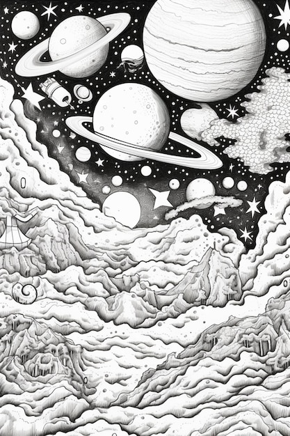 un dessin d'une image en noir et blanc de planètes et de nuages ai génératif