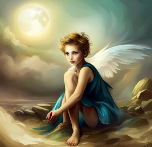 Un dessin imaginaire d'un bel enfant rêveur avec des ailes