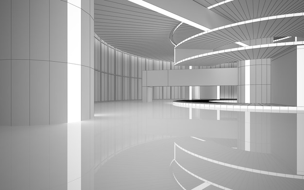 Dessin intérieur blanc architectural abstrait d'une maison minimaliste avec de grandes fenêtres 3D