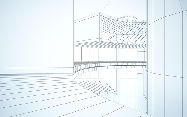 Dessin intérieur blanc architectural abstrait d'une maison minimaliste avec de grandes fenêtres 3D