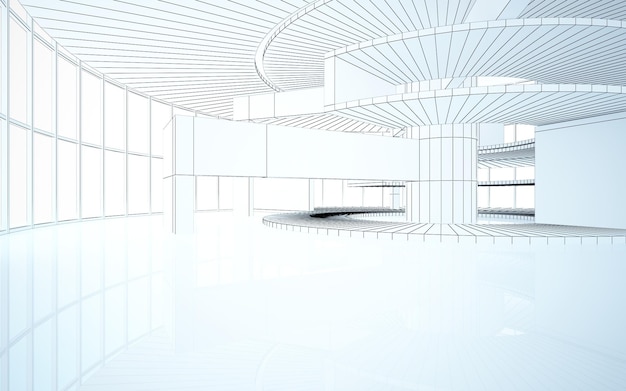 Dessin intérieur blanc architectural abstrait d'une maison minimaliste avec de grandes fenêtres 3D