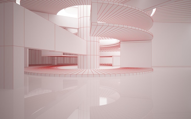Dessin intérieur blanc architectural abstrait d'une maison minimaliste avec de grandes fenêtres 3D