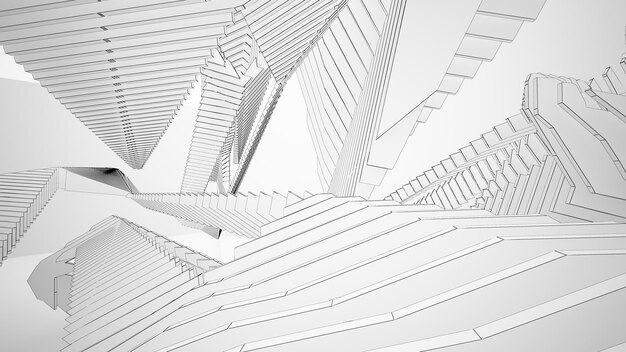 Dessin intérieur blanc architectural abstrait d'une maison minimaliste avec de grandes fenêtres 3D