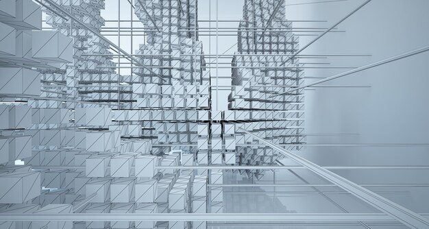 Dessin d'intérieur blanc architectural abstrait à partir d'un tableau de cubes avec de grandes fenêtres 3D illustra