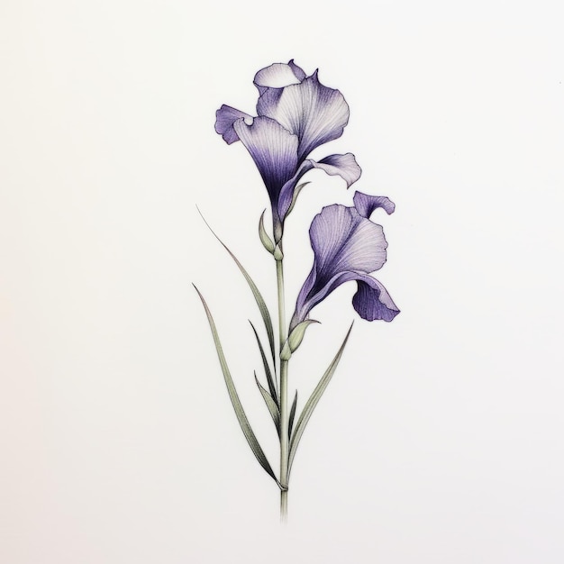 Dessin d'iris violet délicat sur papier blanc Inspiration de tatouage minimaliste