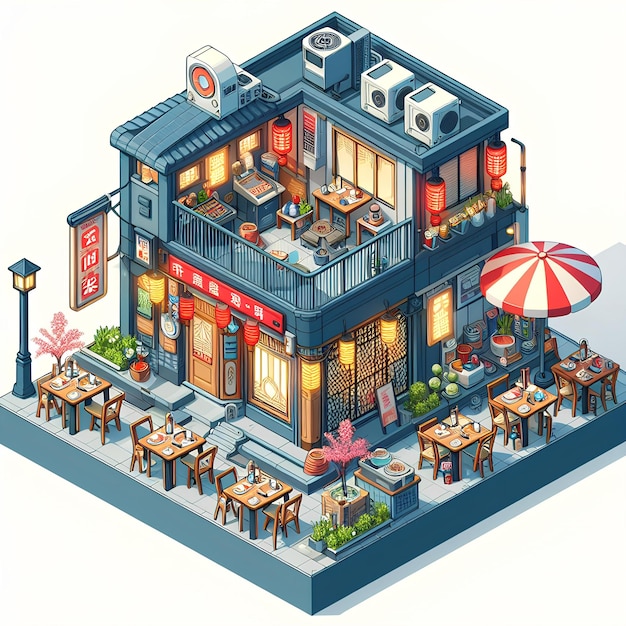 Photo un dessin isométrique 3d d'un restaurant asiatique cyberpunk