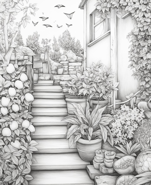 Un dessin d'un jardin avec un escalier menant à une maison générative ai