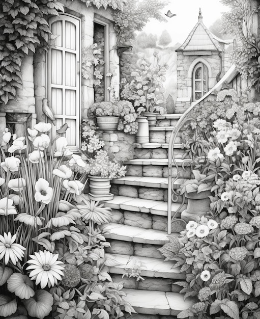 Un dessin d'un jardin avec un escalier menant à une maison générative ai