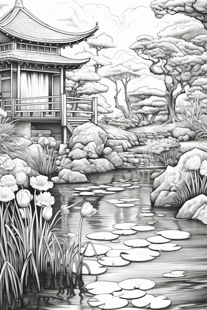 Photo un dessin d'un jardin japonais avec un étang et une pagode ai générative