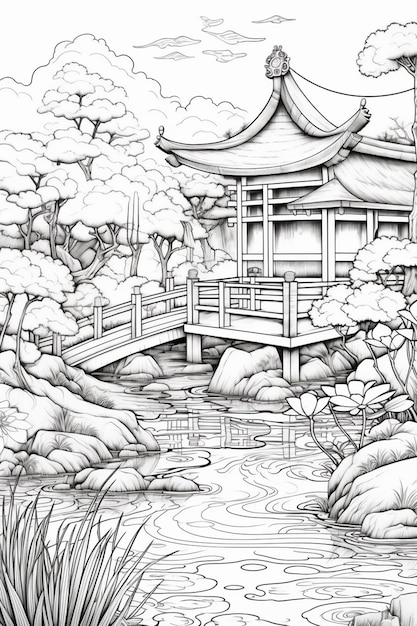 Photo un dessin d'un jardin japonais avec un pont sur un étang génératif ai